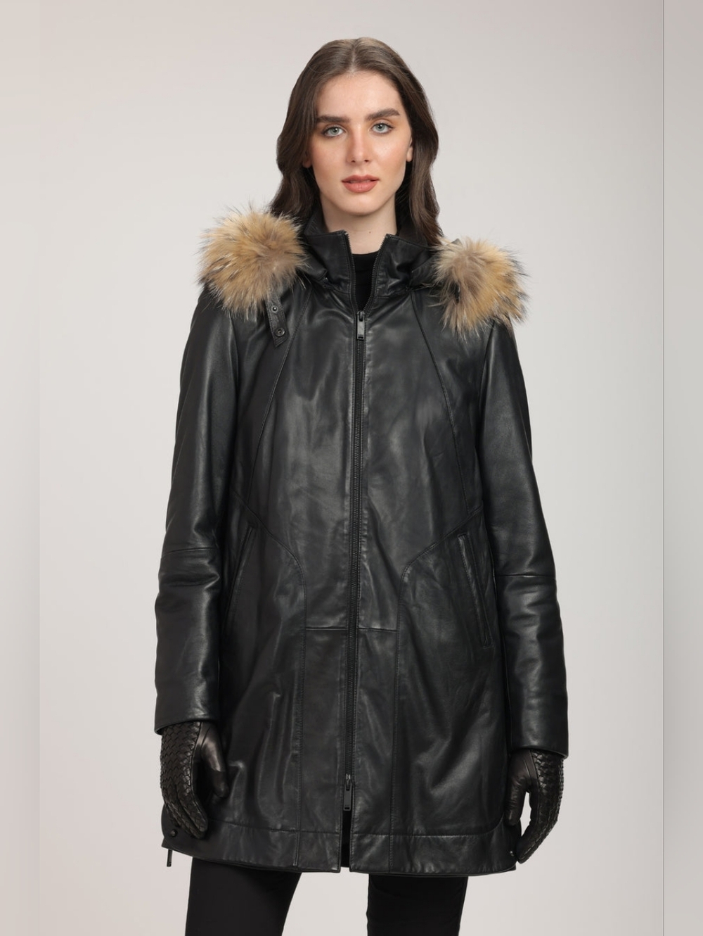 DANIER Chloe Black Leather Parka Detachable Hood Racoon Trim XS LIKE NEW
